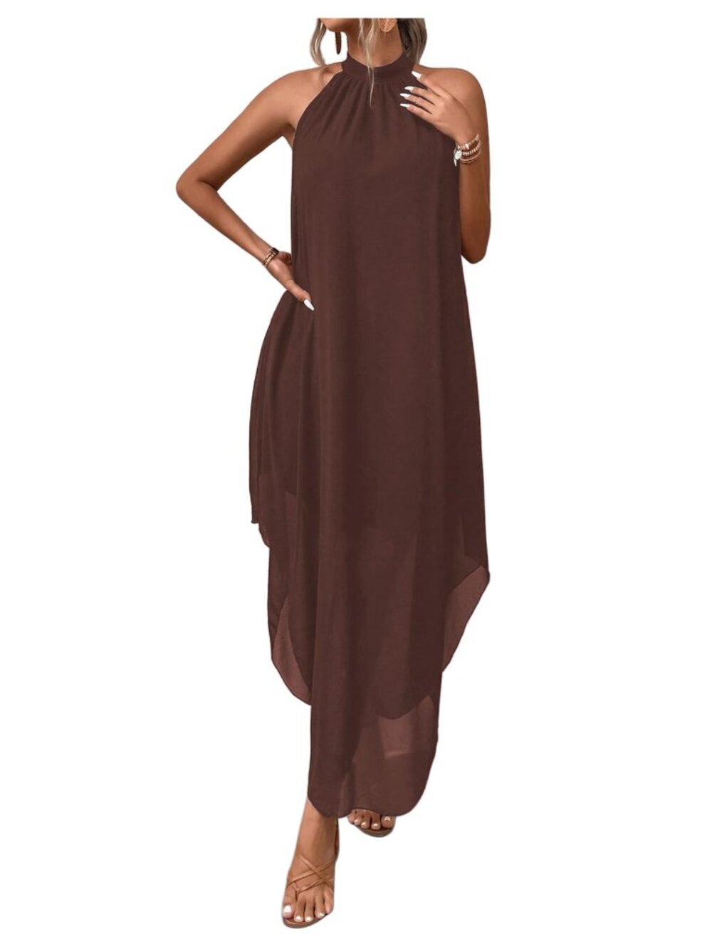 Elegant Brown Chiffon Halter Maxi Dress Wedding Guest Summer Formal Flowy